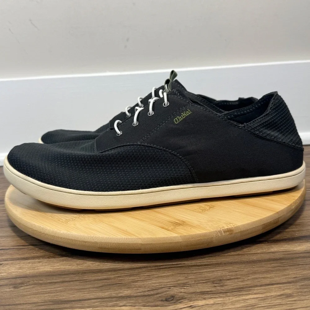 OluKai Nohea Moku Boat Shoes Mens 13 Black Mesh Slip On Island Casual Travel